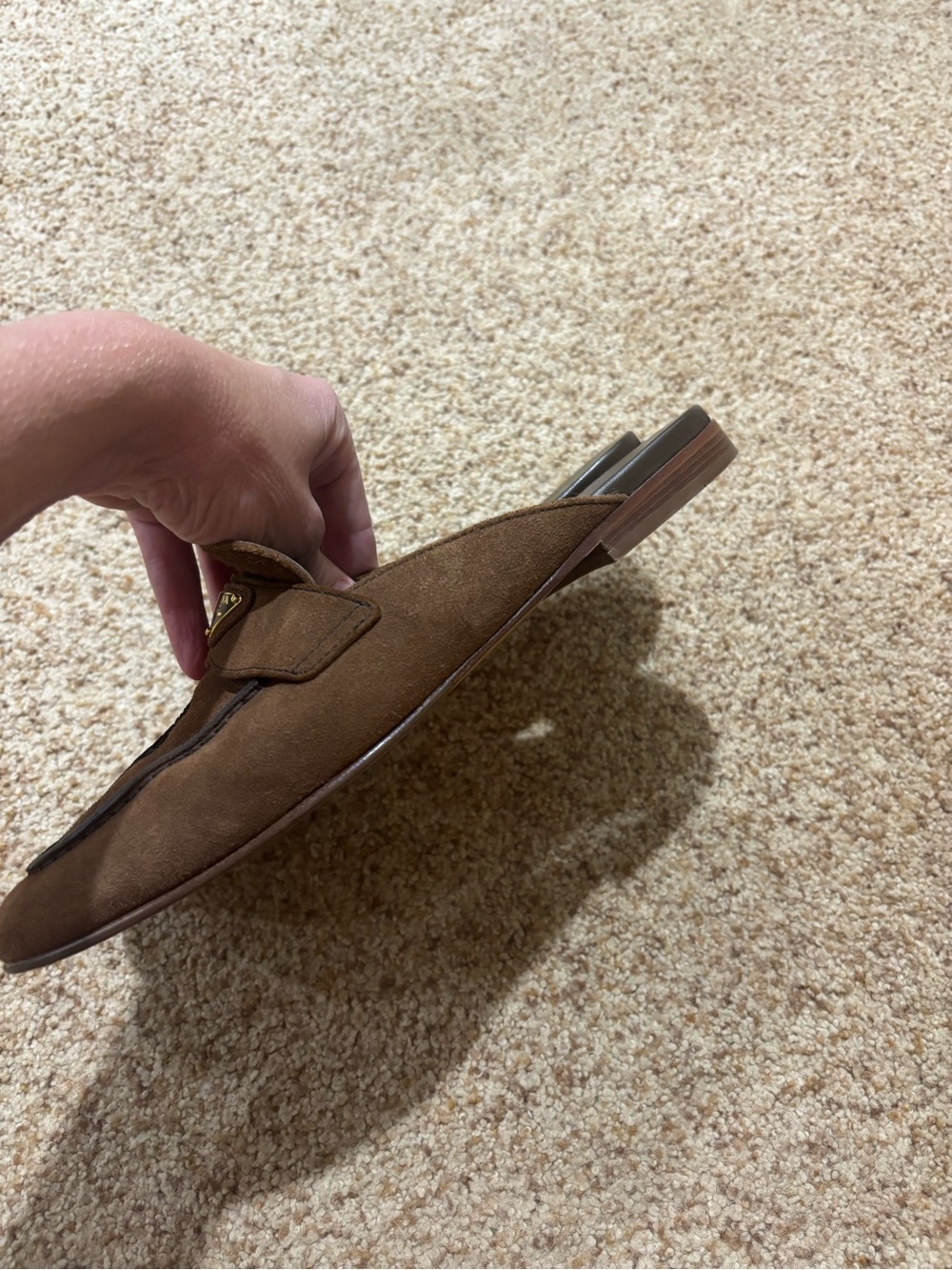 Prada Brown Suede Backless Loafer Mules with Gold Logo - Picture 7 of 8